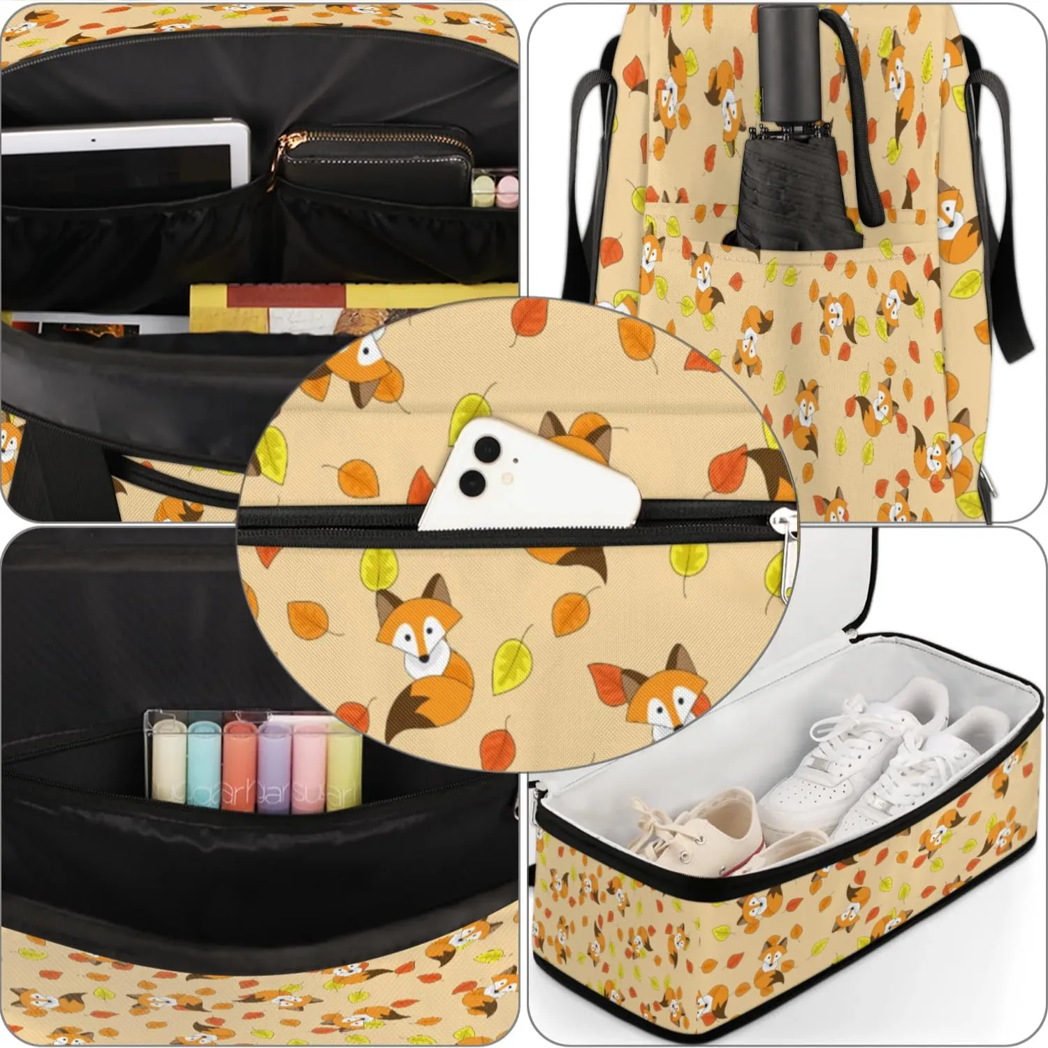 Fox Pattern Sports Gym Bag with Shoes Compartment Foldable Travel Duffel Bag Dry Wet Separated Sports Tote Workout Weekender Overnight Bag for Women Yoga Dance Work Training Handbag