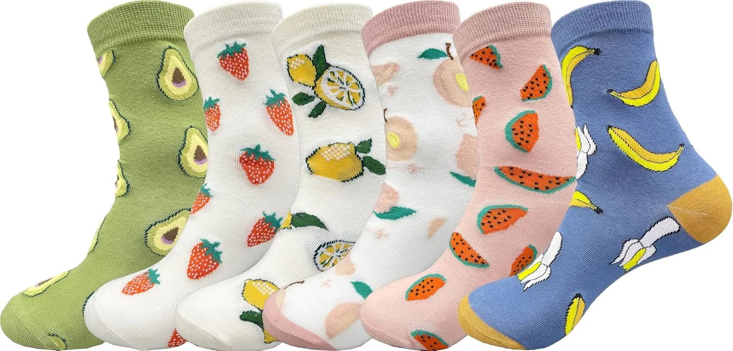 Fruit Embroidered Crew Socks Cute Pattern Quartz Sock Funny Dress Socks for Women, Ladies, Girls