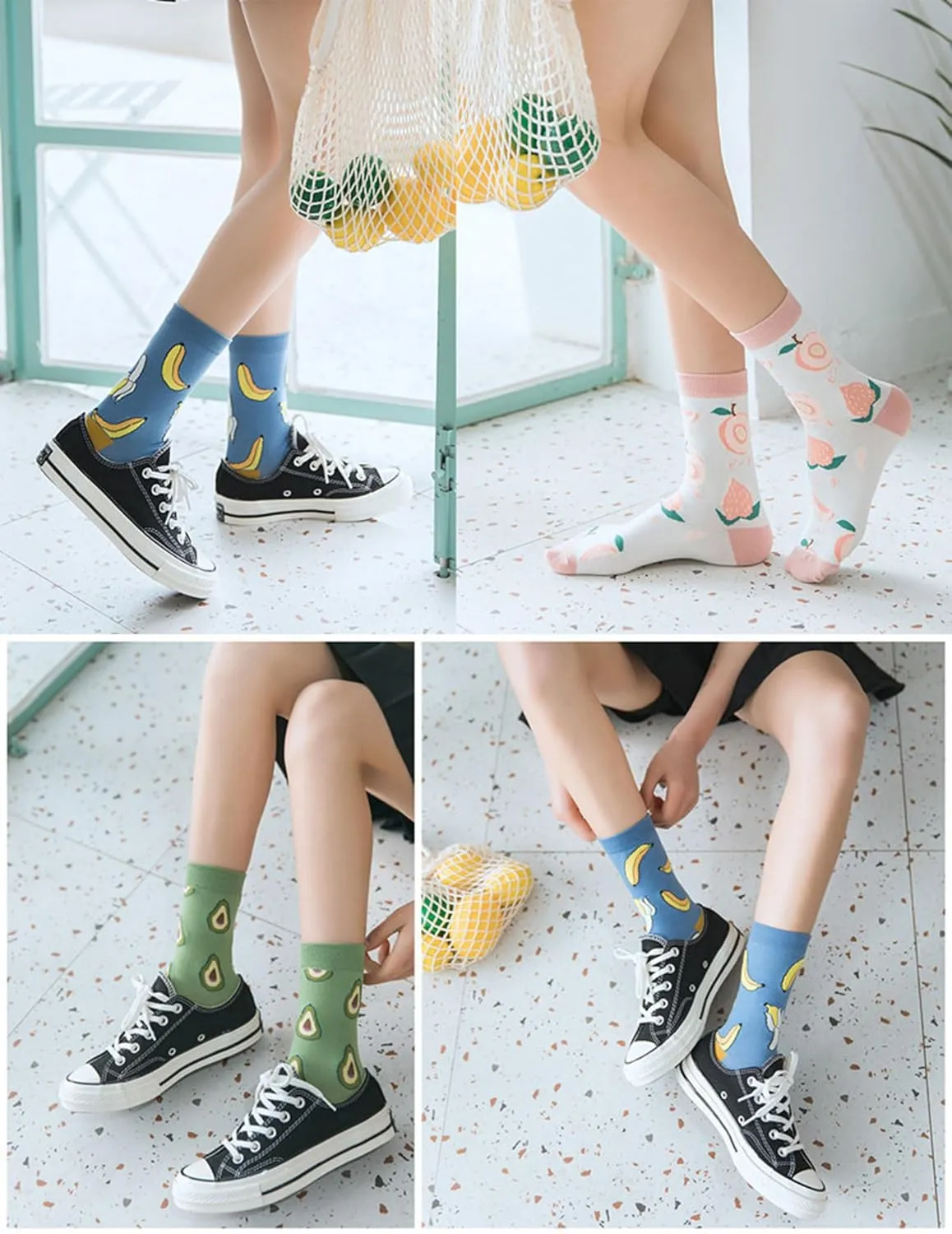 Fruit Embroidered Crew Socks Cute Pattern Quartz Sock Funny Dress Socks for Women, Ladies, Girls