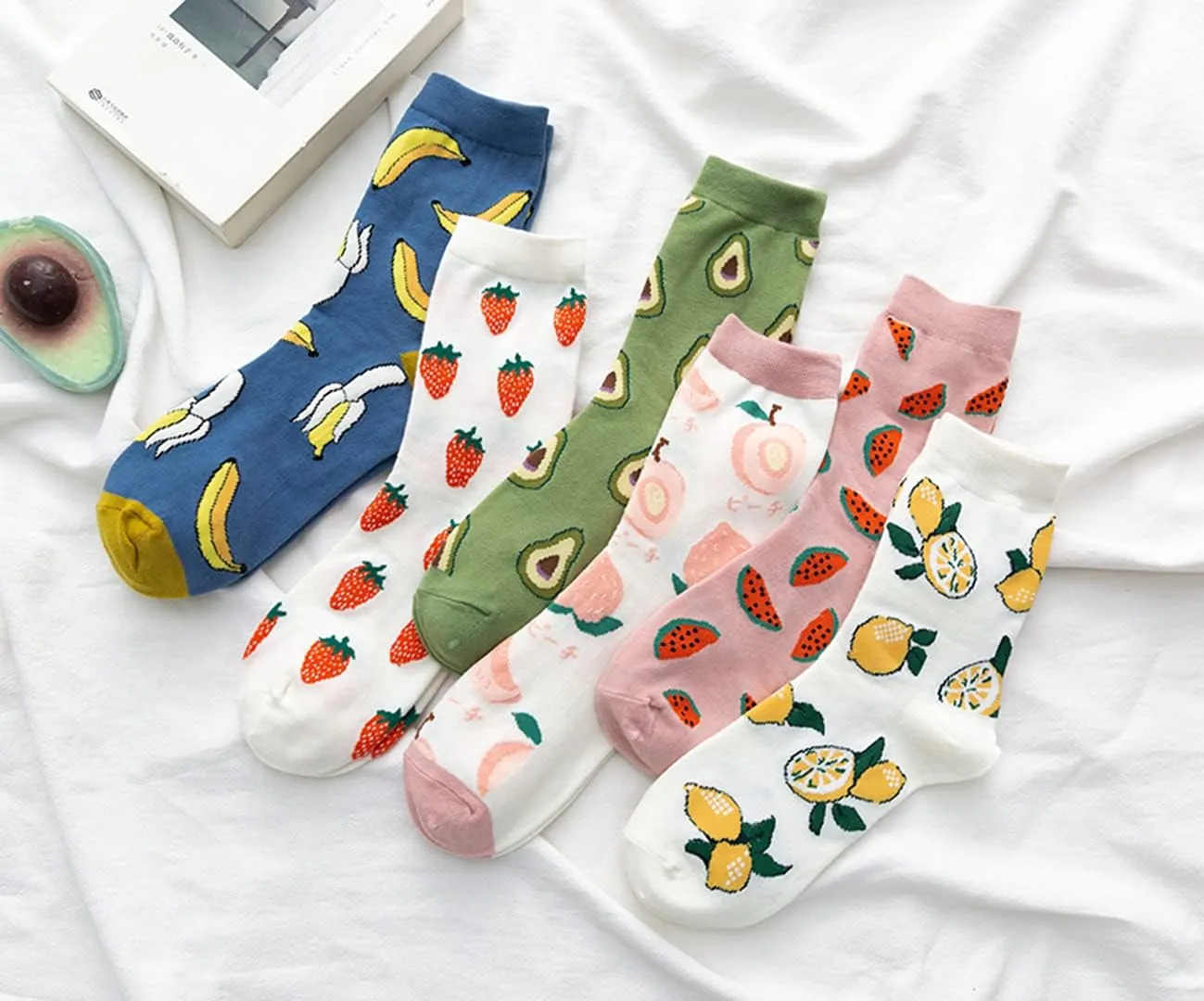 Fruit Embroidered Crew Socks Cute Pattern Quartz Sock Funny Dress Socks for Women, Ladies, Girls