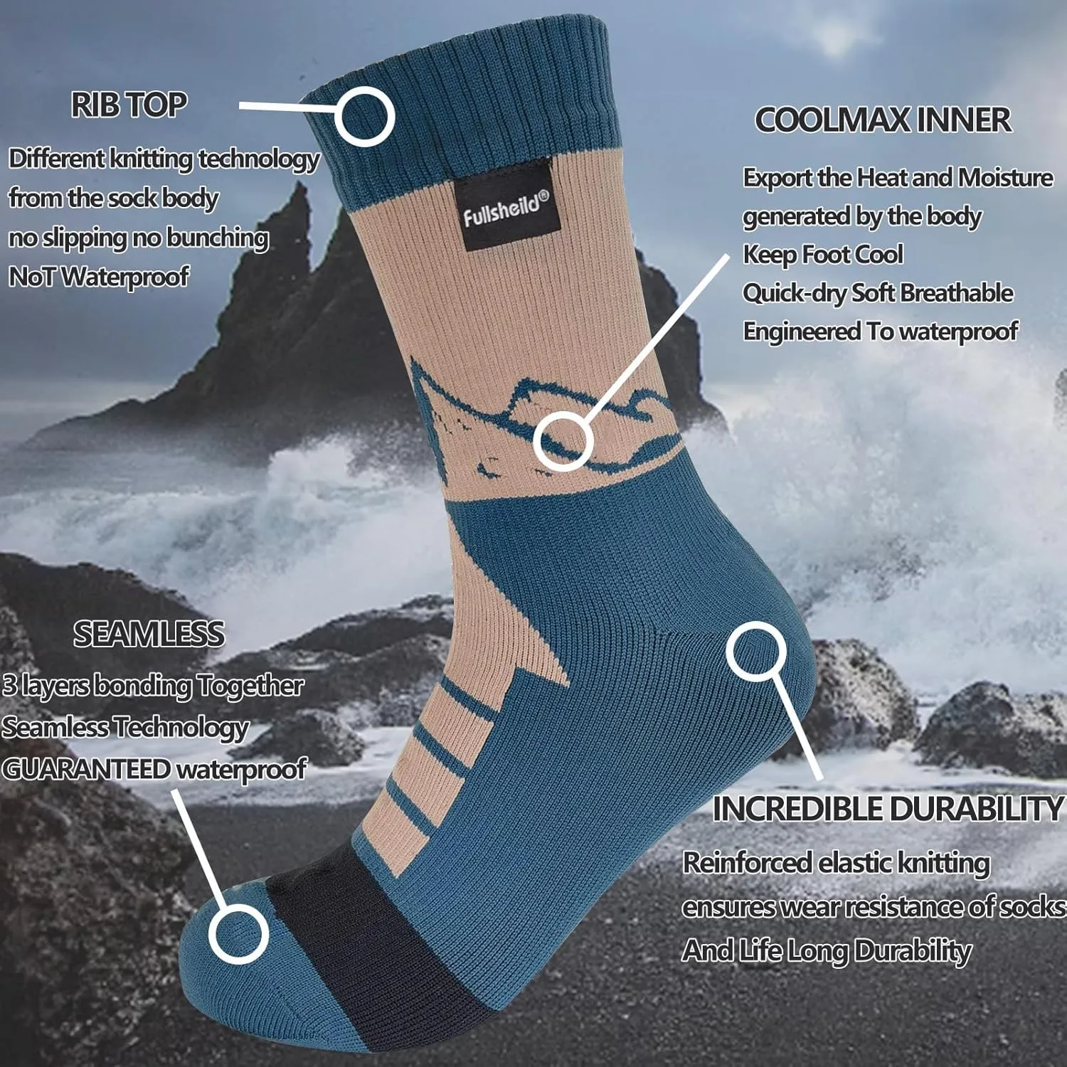 Fullsheild Mens Waterproof Hiking Socks, Unisex Breathable Outdoor Athletic Hiking Wading Trail Running Skiing Crew Socks