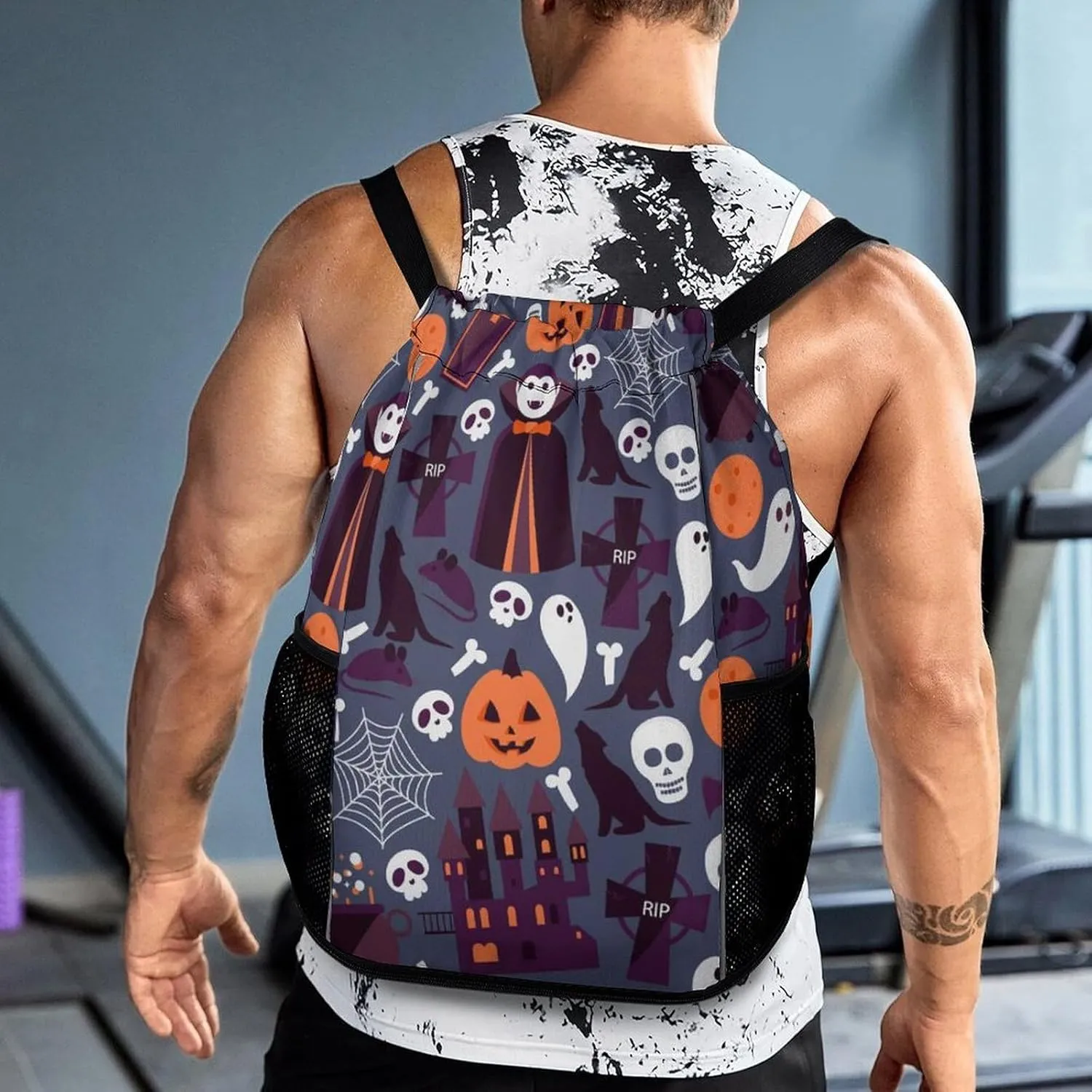 Funny Drawstring Backpack Lightweight Cinch Bag Compatible with Halloween Sugar Skulls Pumpkin Gym Sack String Bag with Waterproof Compartment for Men Women Outdoor Sport Cycling Hiking