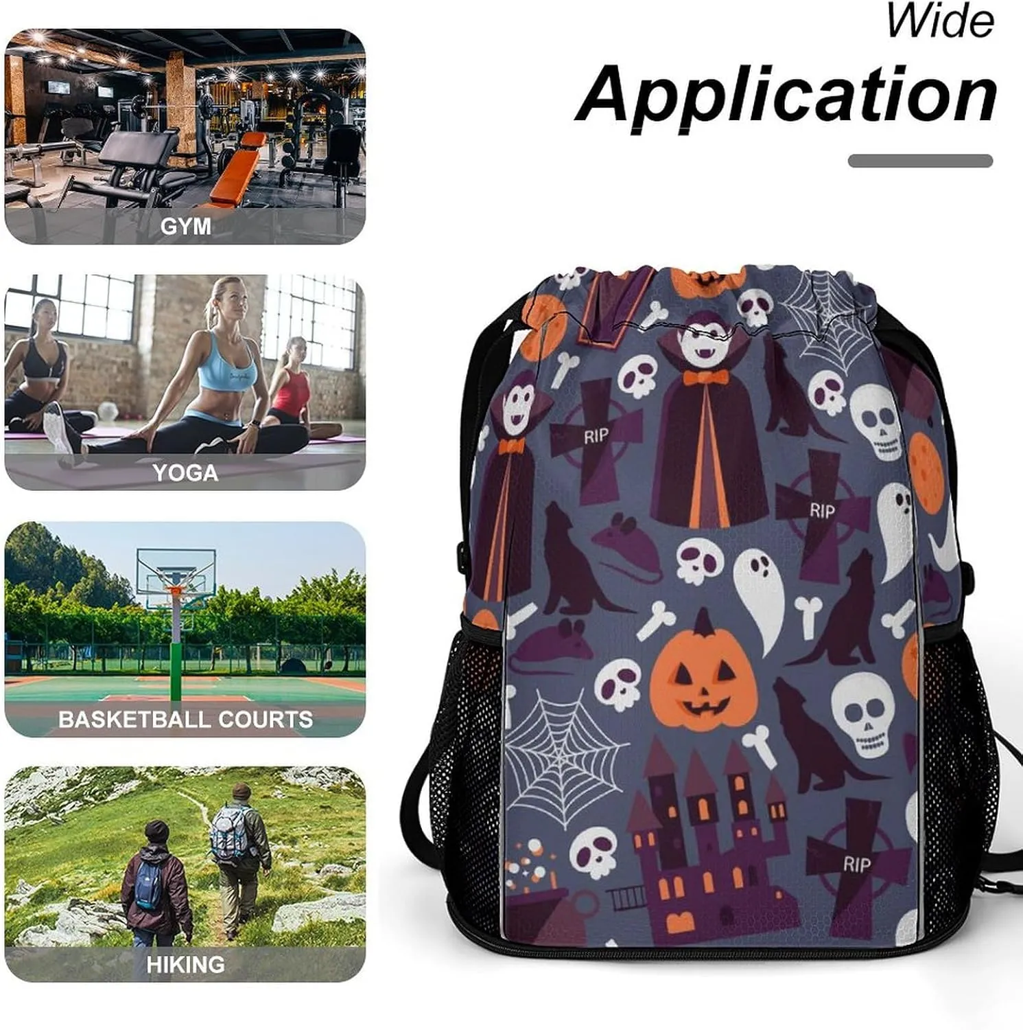 Funny Drawstring Backpack Lightweight Cinch Bag Compatible with Halloween Sugar Skulls Pumpkin Gym Sack String Bag with Waterproof Compartment for Men Women Outdoor Sport Cycling Hiking