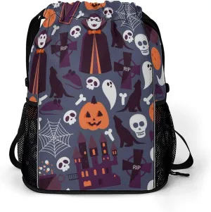 Funny Drawstring Backpack Lightweight Cinch Bag Compatible with Halloween Sugar Skulls Pumpkin Gym Sack String Bag with Waterproof Compartment for Men Women Outdoor Sport Cycling Hiking