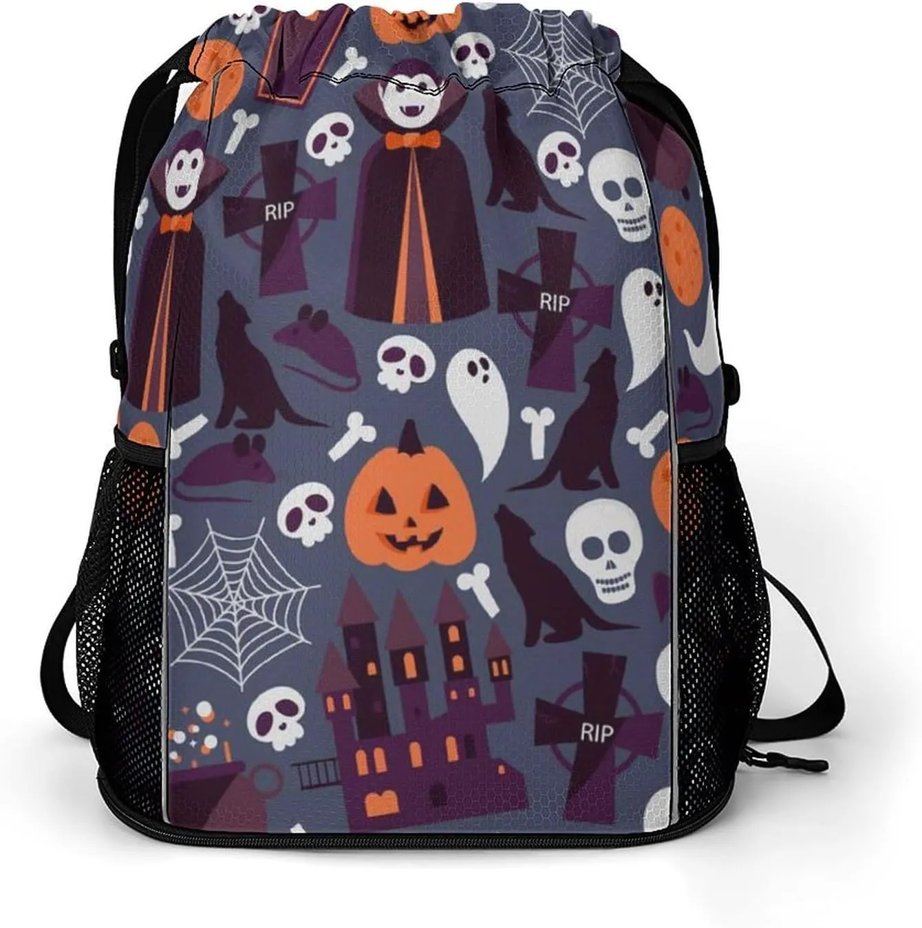 Funny Drawstring Backpack Lightweight Cinch Bag Compatible with Halloween Sugar Skulls Pumpkin Gym Sack String Bag with Waterproof Compartment for Men Women Outdoor Sport Cycling Hiking