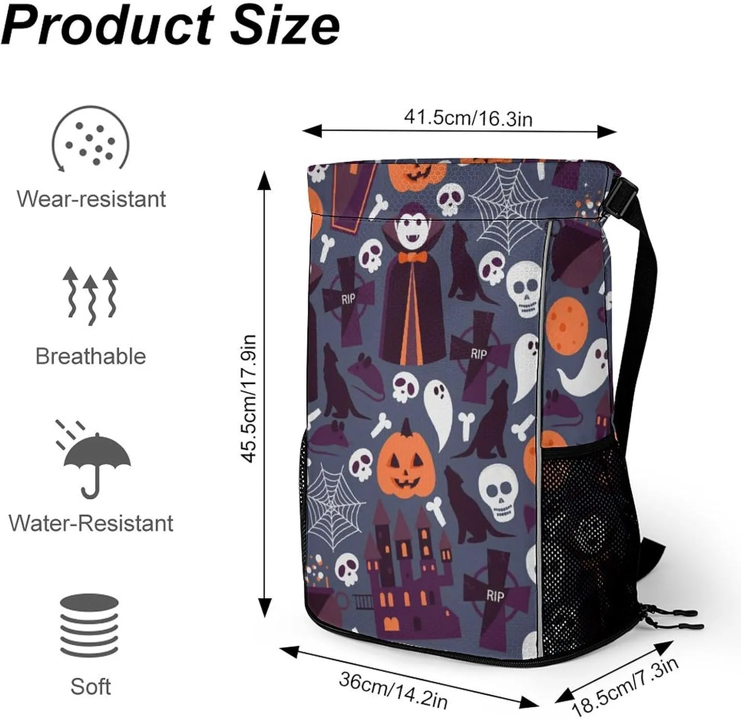 Funny Drawstring Backpack Lightweight Cinch Bag Compatible with Halloween Sugar Skulls Pumpkin Gym Sack String Bag with Waterproof Compartment for Men Women Outdoor Sport Cycling Hiking