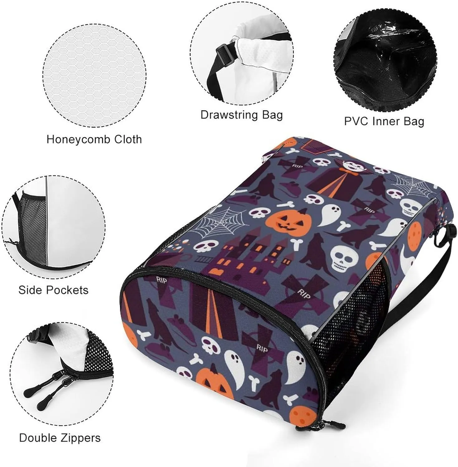 Funny Drawstring Backpack Lightweight Cinch Bag Compatible with Halloween Sugar Skulls Pumpkin Gym Sack String Bag with Waterproof Compartment for Men Women Outdoor Sport Cycling Hiking