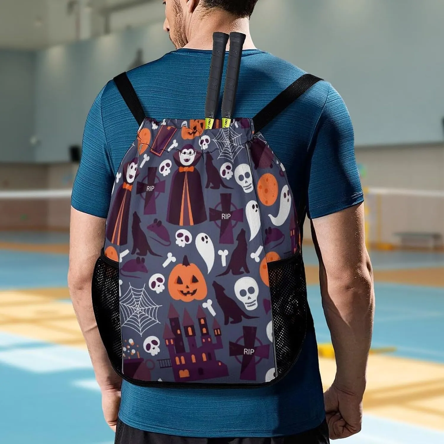 Funny Drawstring Backpack Lightweight Cinch Bag Compatible with Halloween Sugar Skulls Pumpkin Gym Sack String Bag with Waterproof Compartment for Men Women Outdoor Sport Cycling Hiking
