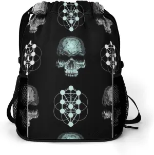 Funny Drawstring Backpack Lightweight Cinch Bag Compatible with Skull With Floral Gym Sack String Bag with Waterproof Compartment for Men Women Outdoor Sport Cycling Hiking