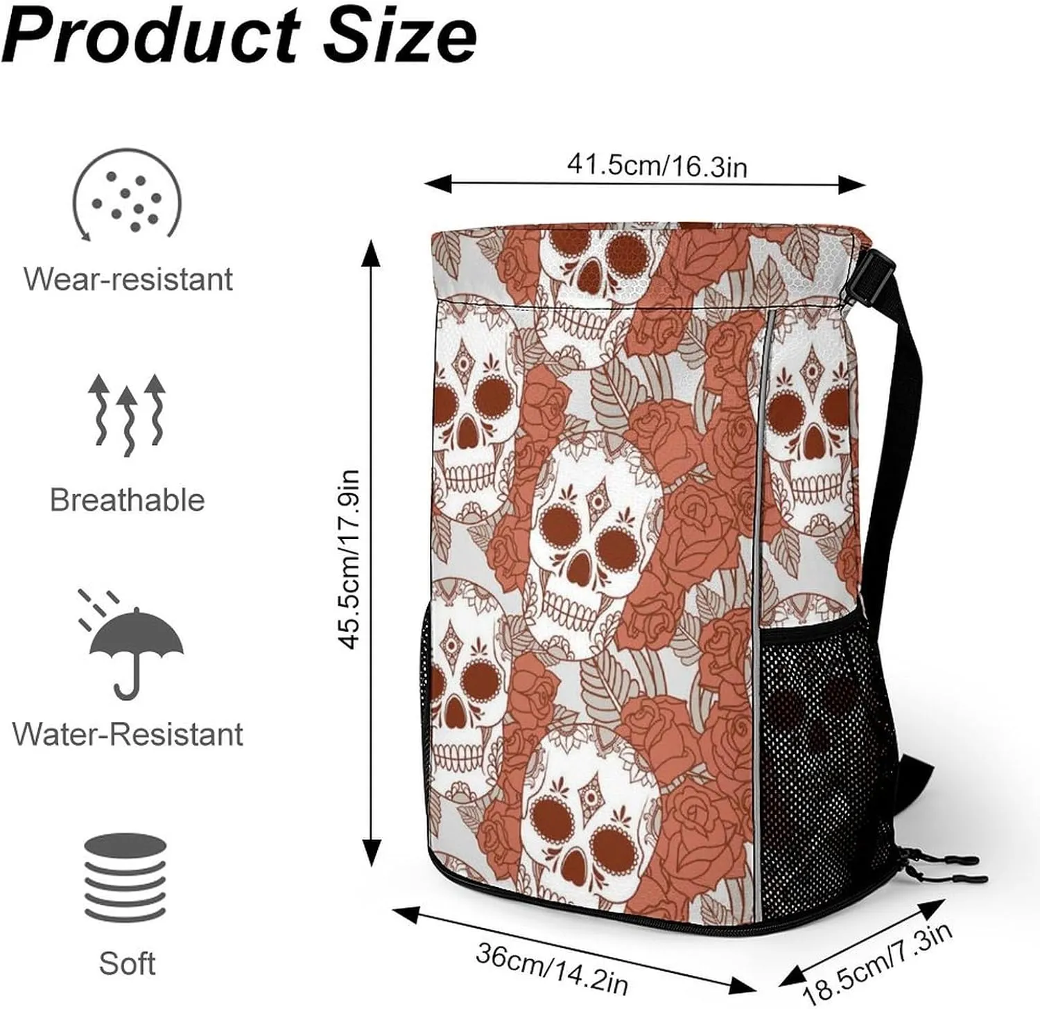 Funny Drawstring Backpack Lightweight Cinch Bag Compatible with Skulls Gym Sack String Bag with Waterproof Compartment for Men Women Outdoor Sport Cycling Hiking