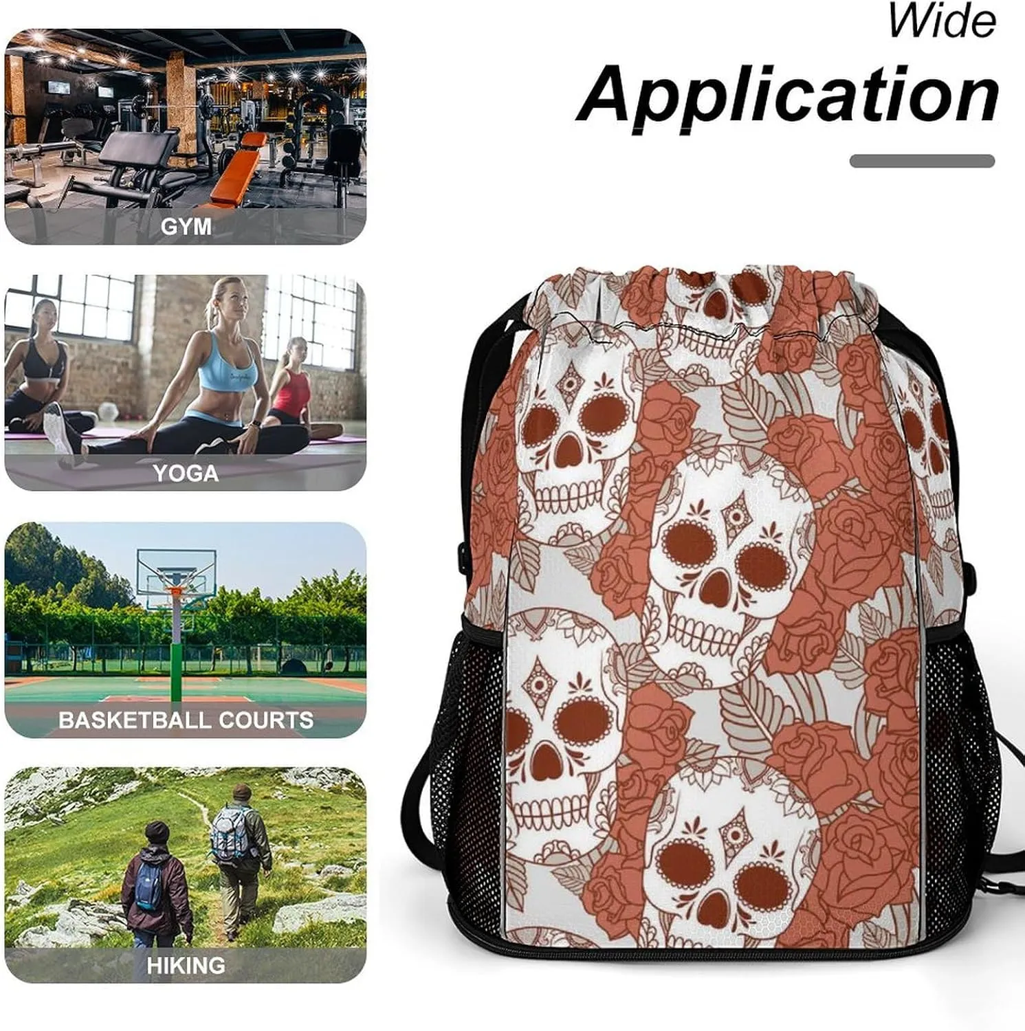 Funny Drawstring Backpack Lightweight Cinch Bag Compatible with Skulls Gym Sack String Bag with Waterproof Compartment for Men Women Outdoor Sport Cycling Hiking