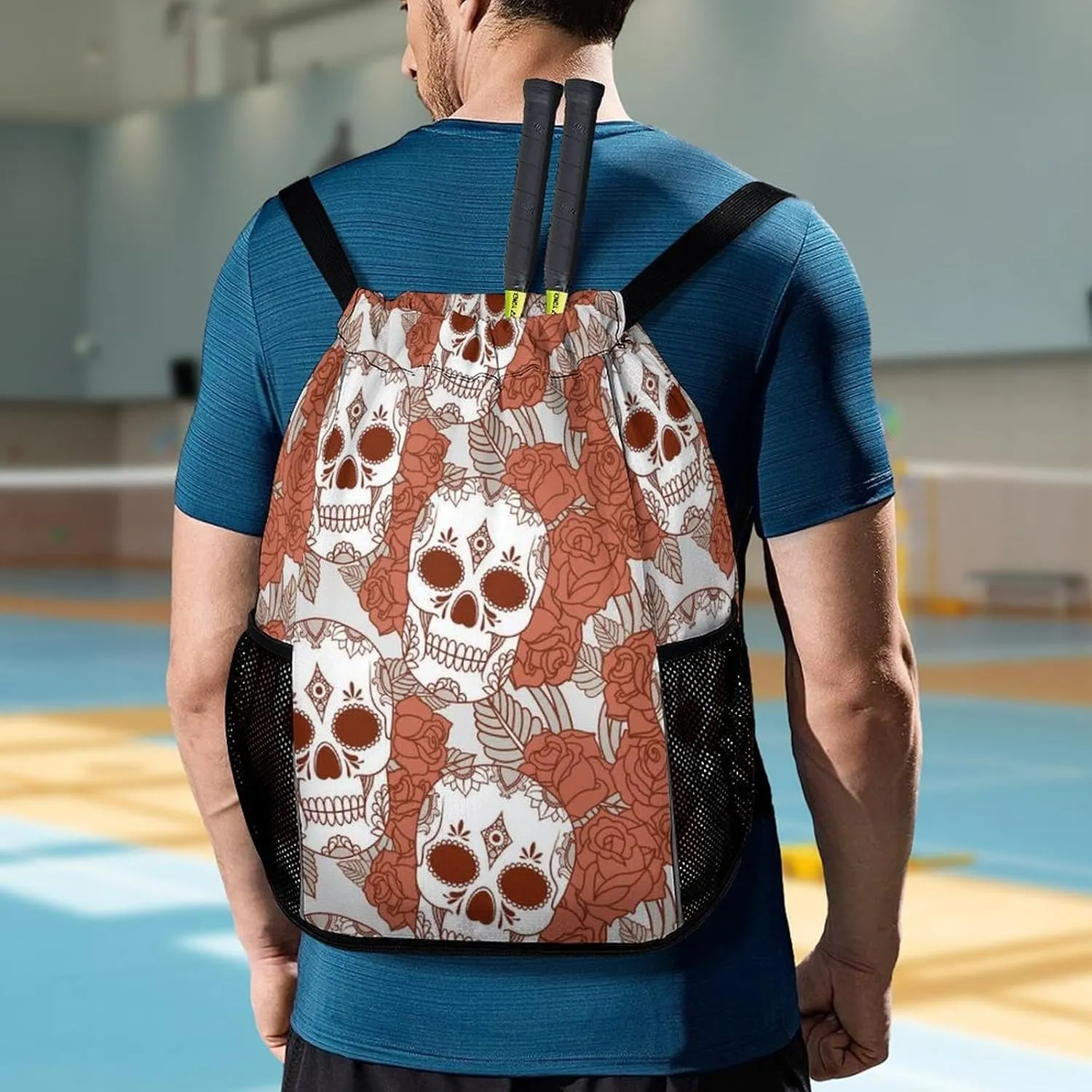 Funny Drawstring Backpack Lightweight Cinch Bag Compatible with Skulls Gym Sack String Bag with Waterproof Compartment for Men Women Outdoor Sport Cycling Hiking