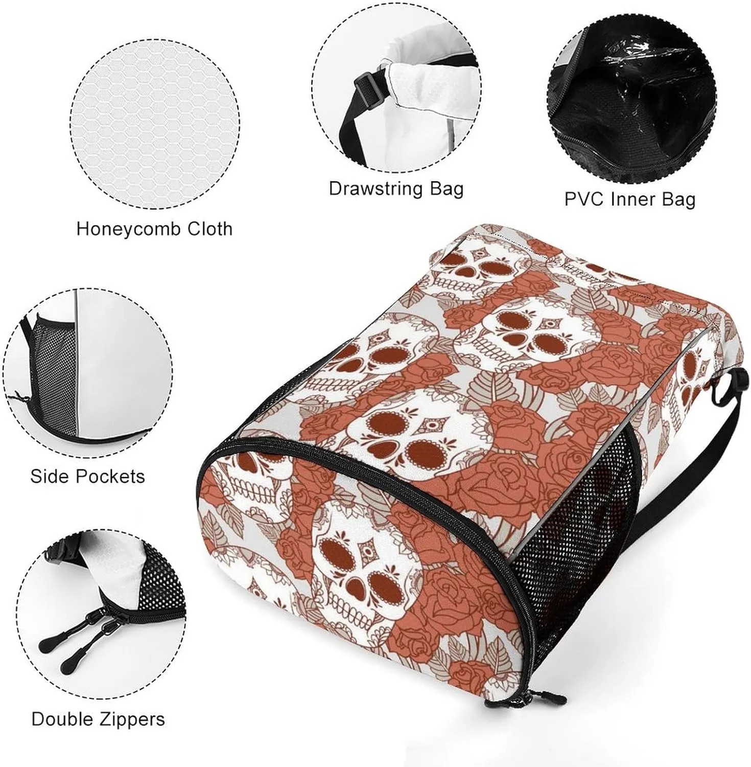 Funny Drawstring Backpack Lightweight Cinch Bag Compatible with Skulls Gym Sack String Bag with Waterproof Compartment for Men Women Outdoor Sport Cycling Hiking
