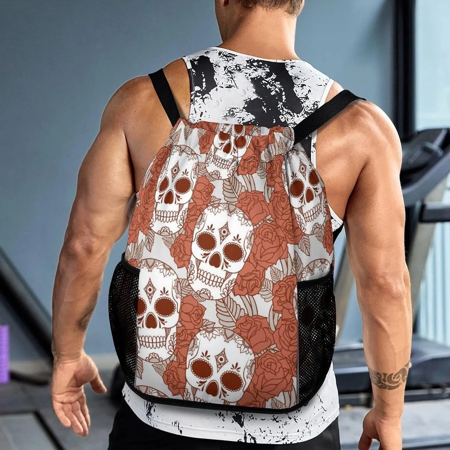 Funny Drawstring Backpack Lightweight Cinch Bag Compatible with Skulls Gym Sack String Bag with Waterproof Compartment for Men Women Outdoor Sport Cycling Hiking