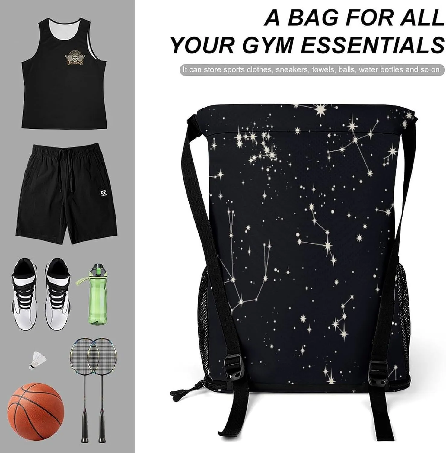Galaxy Black Star Sports Backpack with Large Mouth Design And Dry Wet Separation for Unisex