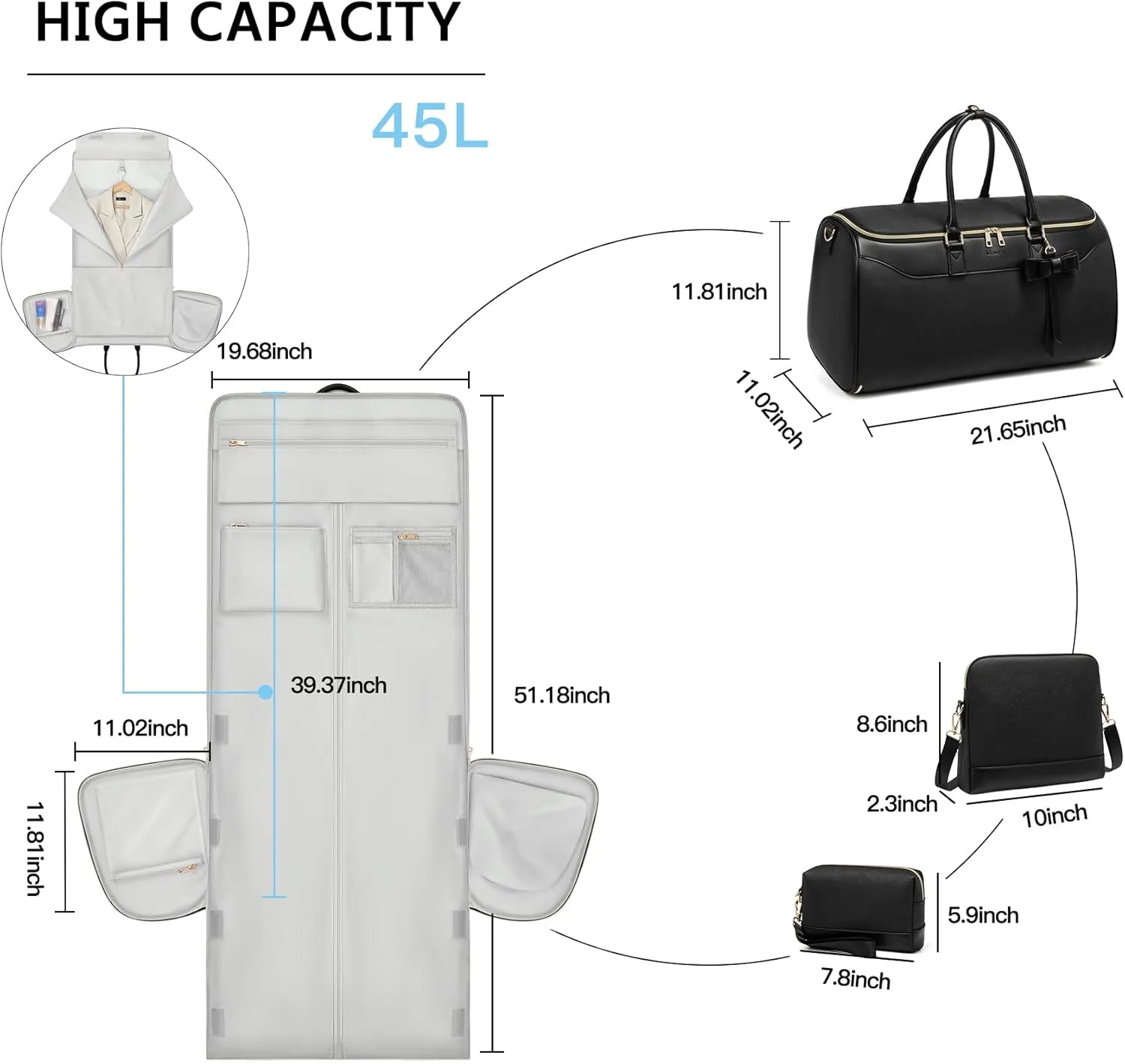 Garment Bags for Travel,Leather Convertible Garment Duffle Bag with Toiletry,Waterproof Carry On Garment Bag with Shoe Compartment,2 in 1 Suit Travel Bag for Women Weekender 3pcs Set