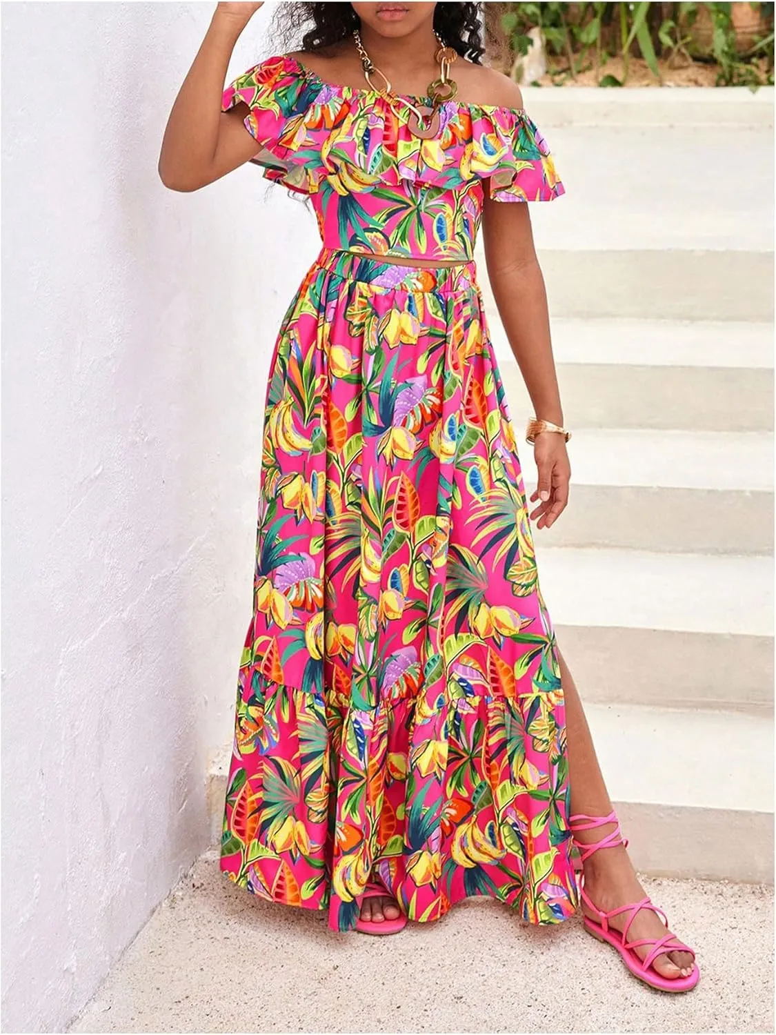Girl's 2 Piece Outfits Tropical Print Off Shoulder Ruffle Trim Short Sleeve Top and Flared Hem A Line Skirt Set