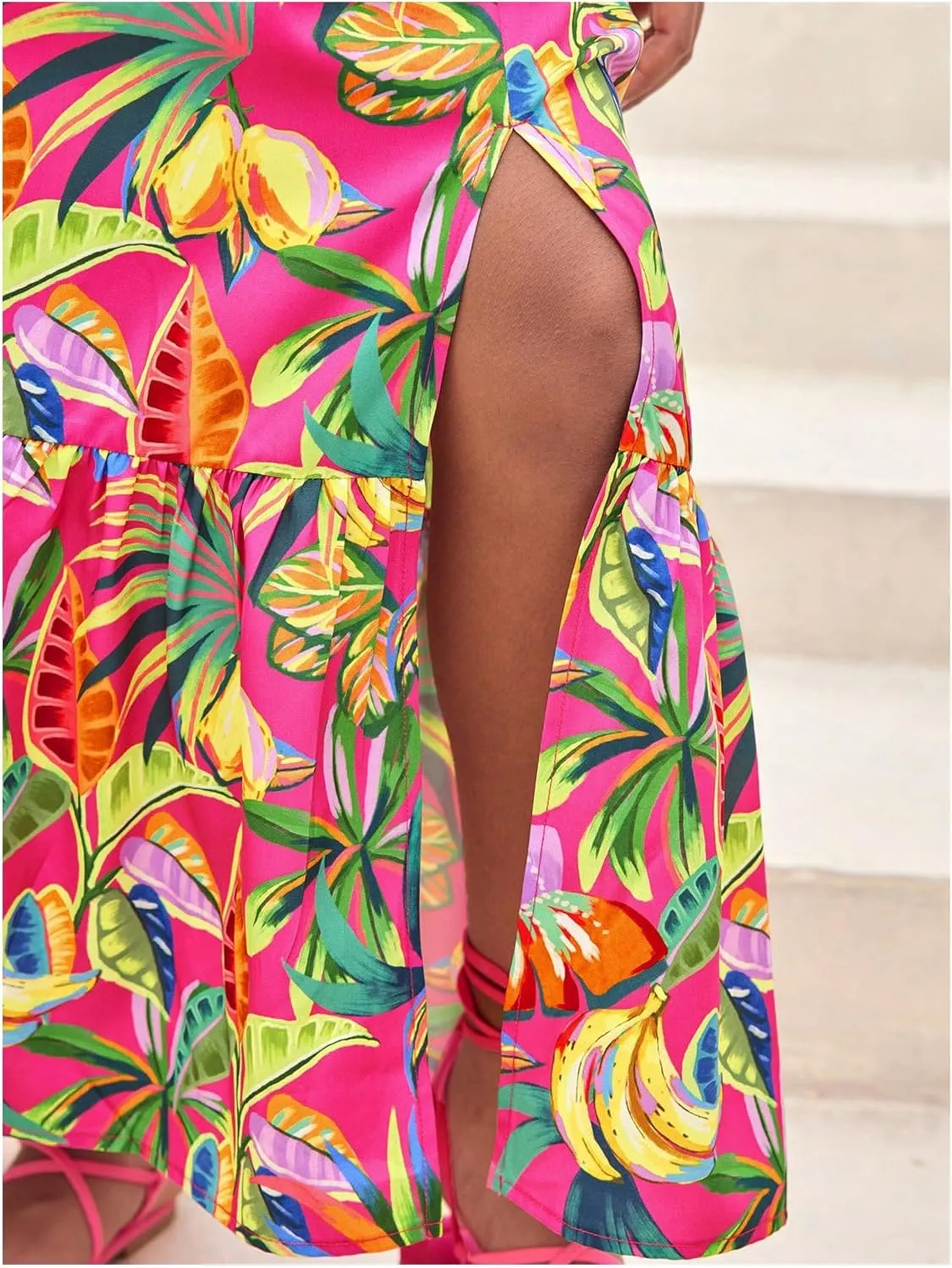 Girl's 2 Piece Outfits Tropical Print Off Shoulder Ruffle Trim Short Sleeve Top and Flared Hem A Line Skirt Set