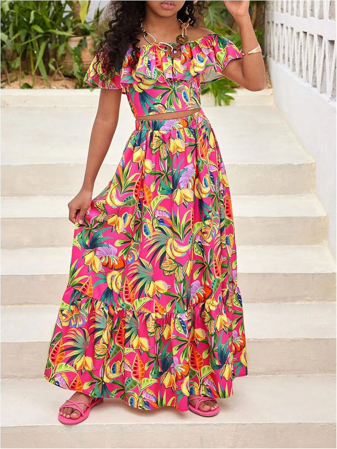 Girl's 2 Piece Outfits Tropical Print Off Shoulder Ruffle Trim Short Sleeve Top and Flared Hem A Line Skirt Set