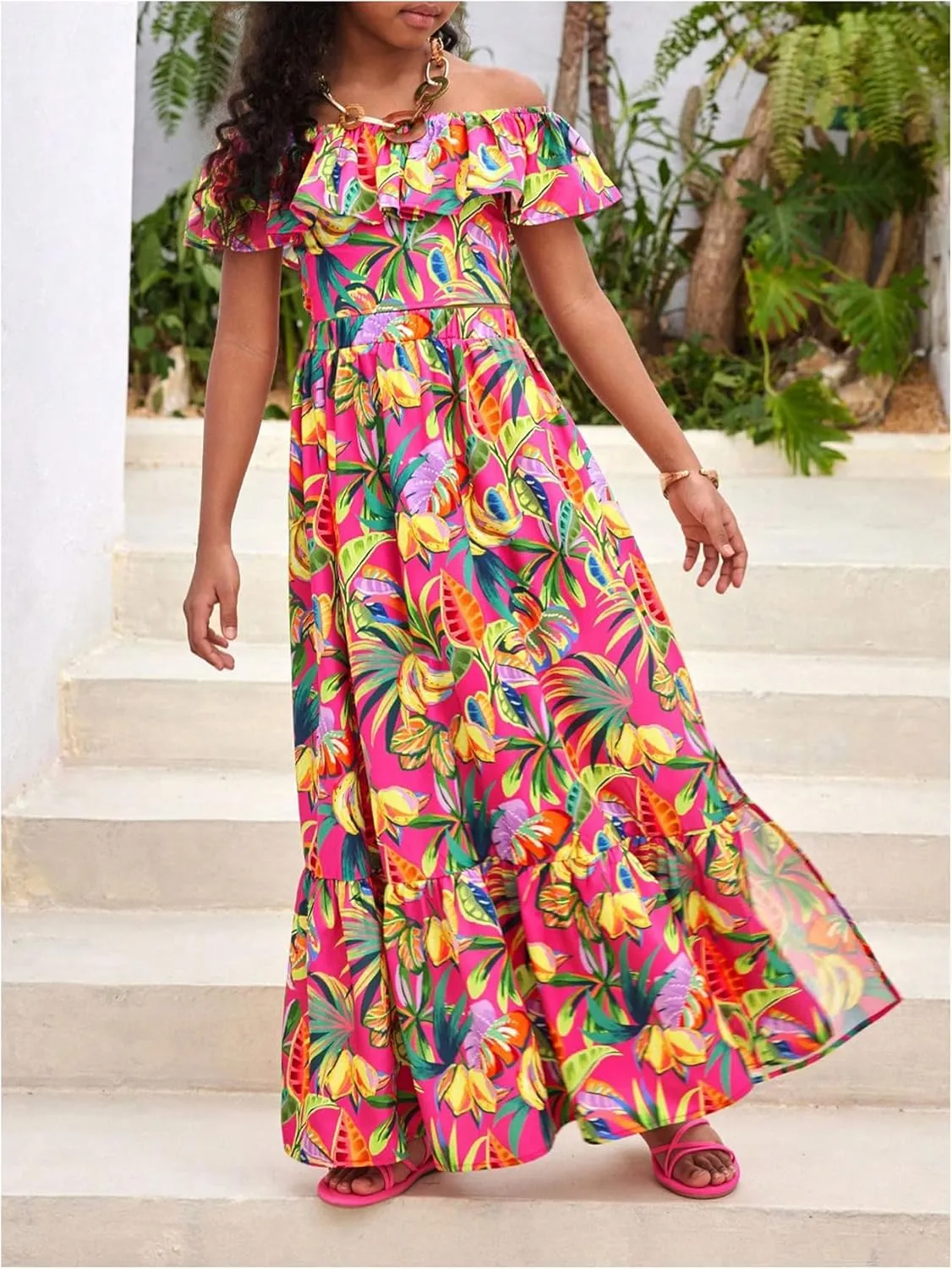 Girl's 2 Piece Outfits Tropical Print Off Shoulder Ruffle Trim Short Sleeve Top and Flared Hem A Line Skirt Set
