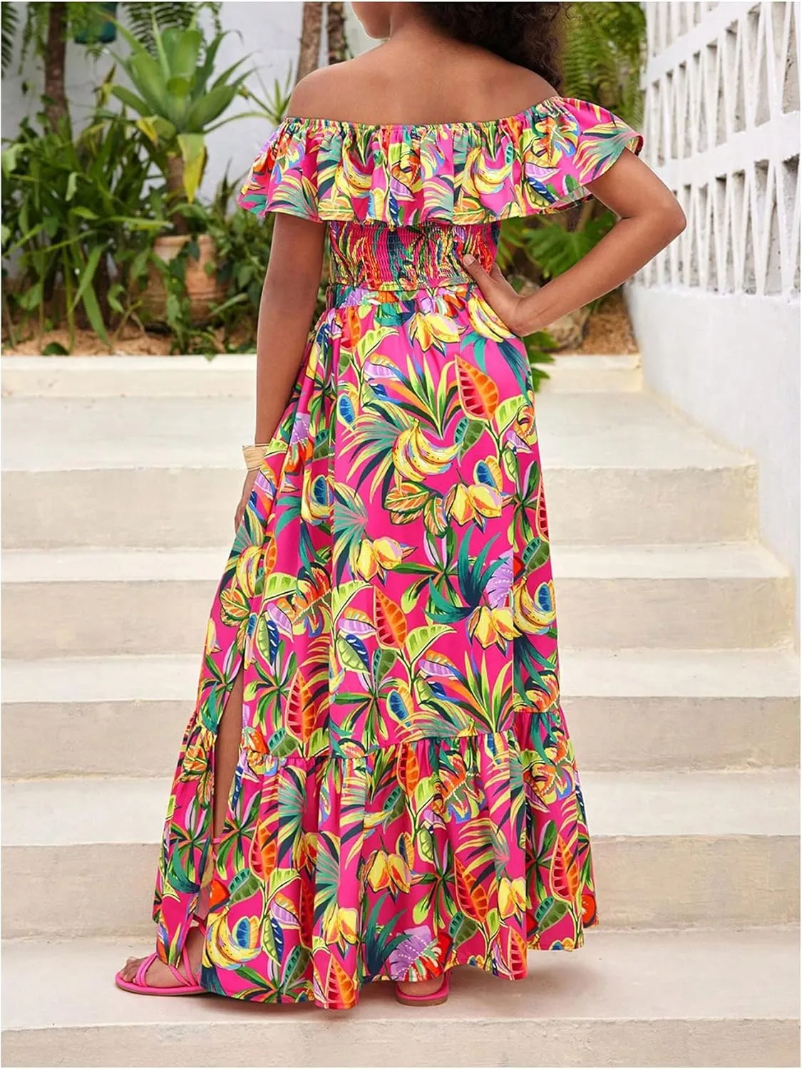 Girl's 2 Piece Outfits Tropical Print Off Shoulder Ruffle Trim Short Sleeve Top and Flared Hem A Line Skirt Set