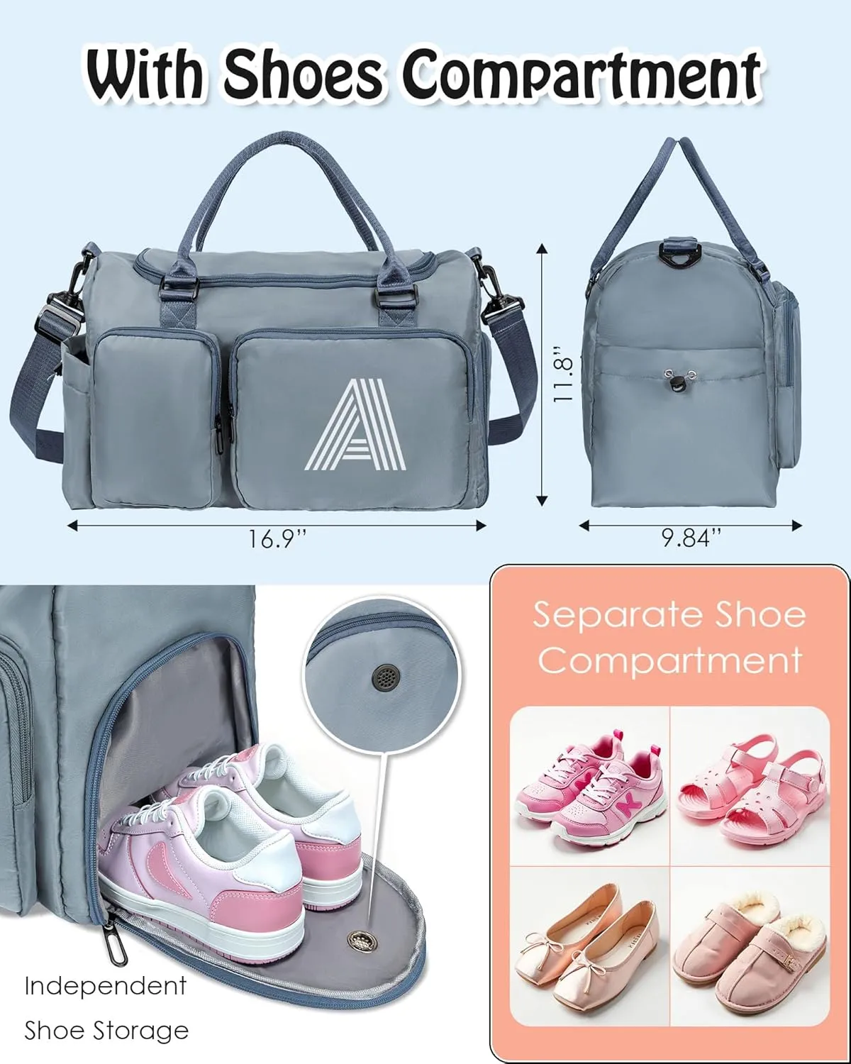 Girls Gift for 8-12, Initial Gym Bag for Girls, Kids Travel Duffel Bag, Sports Bag, Personalized Weekender Bag with Shoes Compartment, Girls Gifts for Kids 10-12