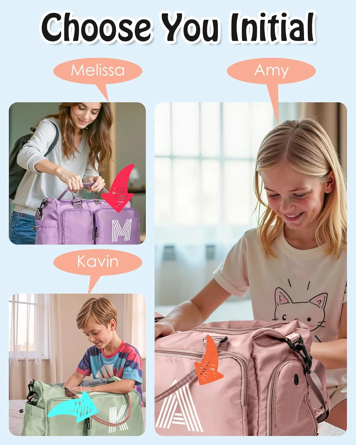 Girls Gift for 8-12, Initial Gym Bag for Girls, Kids Travel Duffel Bag, Sports Bag, Personalized Weekender Bag with Shoes Compartment, Girls Gifts for Kids 10-12