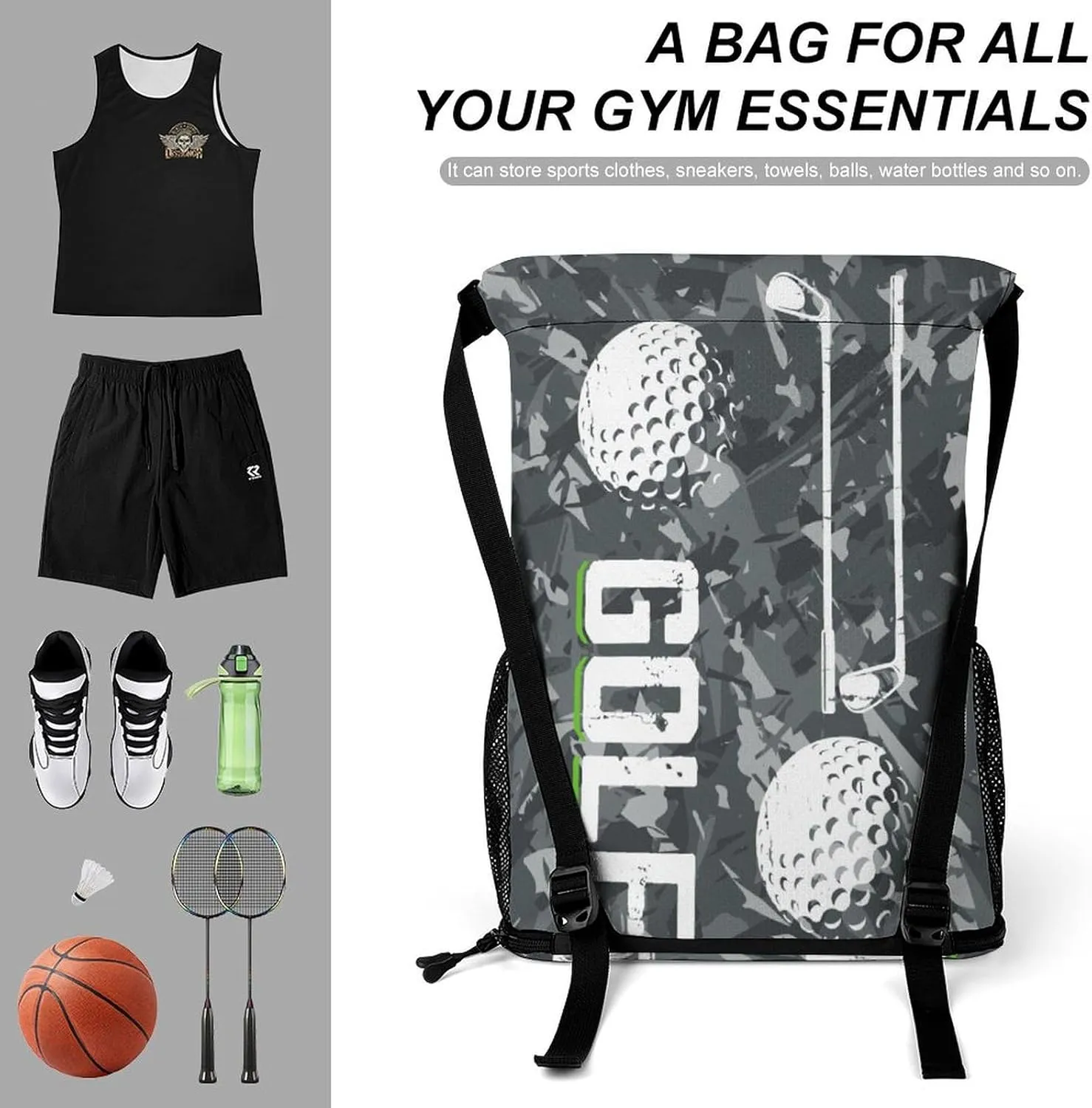 Golf Drawstring Backpack - Cute Cinch Sack, String Backpacks with Pocket for Kids Women Men Boys Girls for Gym Outdoor Sports Travel Athletic Drawstring Bag - Lightweight/Foldable