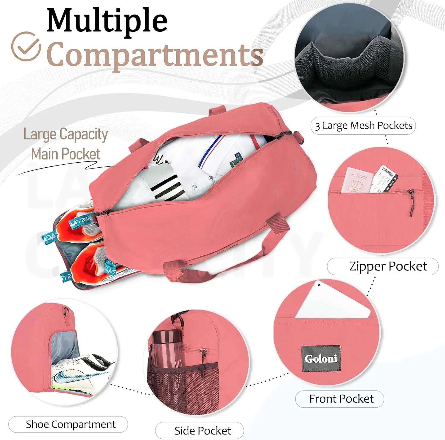 Goloni 22" Women's Large Duffel/Weekender Bag With Shoes Compartment For Travel Bags For Gym Workout Garment Luggage Overnight Bags, Pink, Sport Fashion Duffel Travel Gym Bag