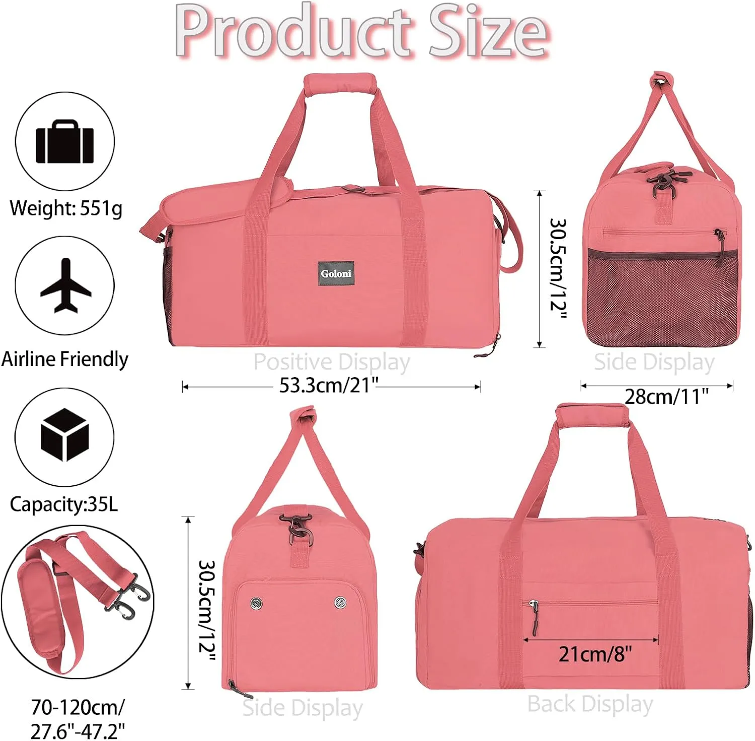 Goloni 22" Women's Large Duffel/Weekender Bag With Shoes Compartment For Travel Bags For Gym Workout Garment Luggage Overnight Bags, Pink, Sport Fashion Duffel Travel Gym Bag