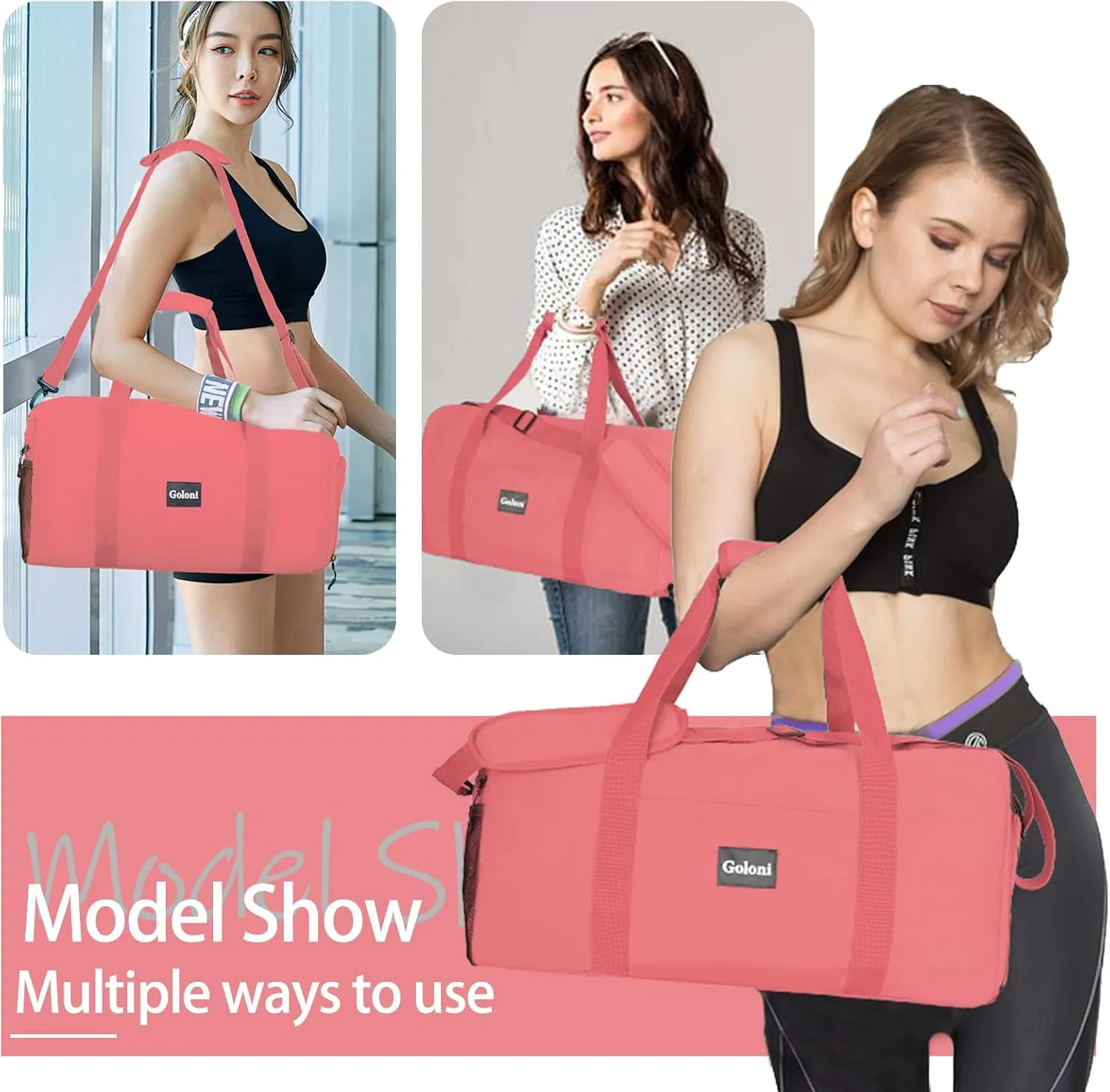 Goloni 22" Women's Large Duffel/Weekender Bag With Shoes Compartment For Travel Bags For Gym Workout Garment Luggage Overnight Bags, Pink, Sport Fashion Duffel Travel Gym Bag