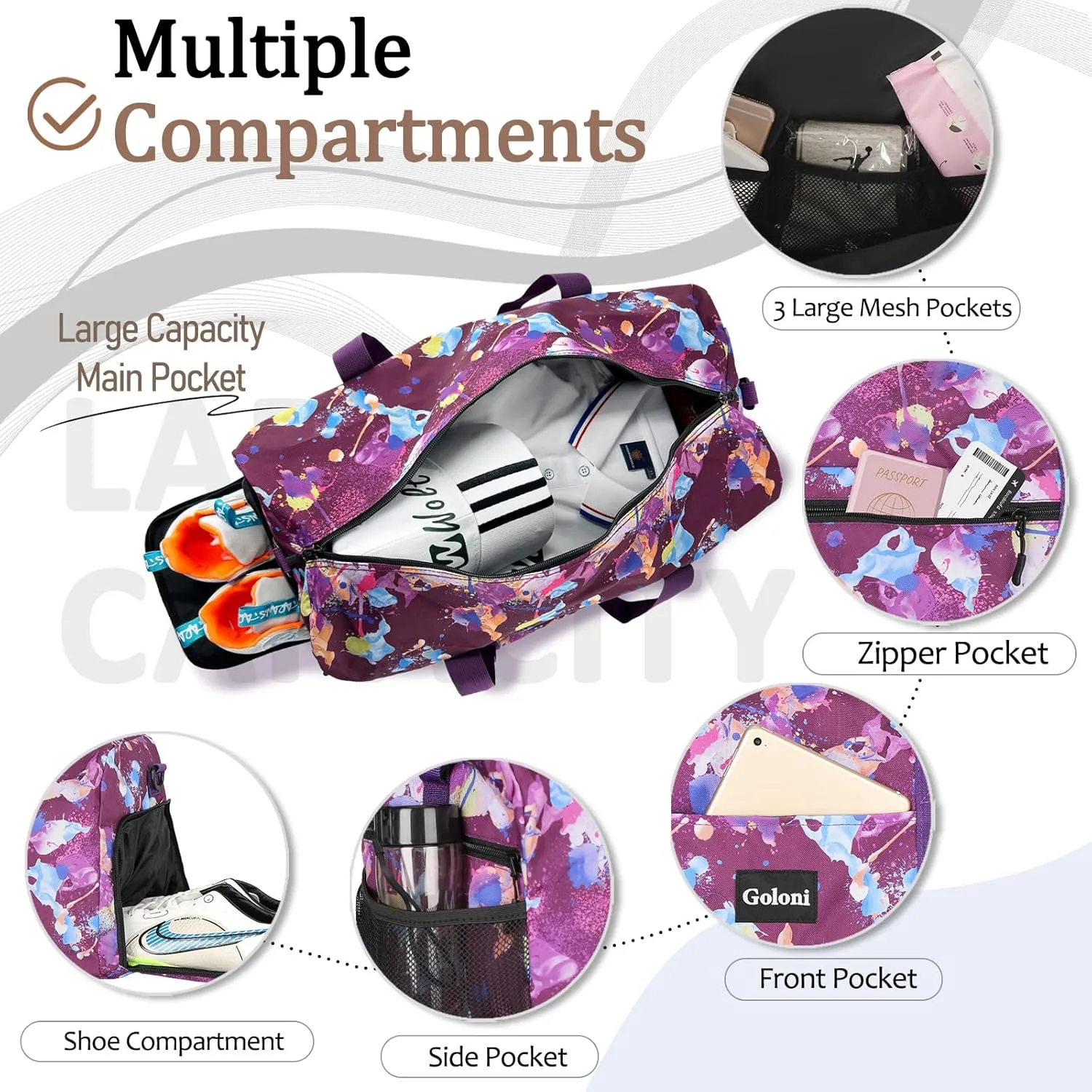 Goloni Travel Duffel Bag, Weekender Bag for Women with Shoes Compartment & Wet Pocket, Carry On Overnight Bag, Hospital Bags for Labor and Delivery, A-Purple Ice Cream