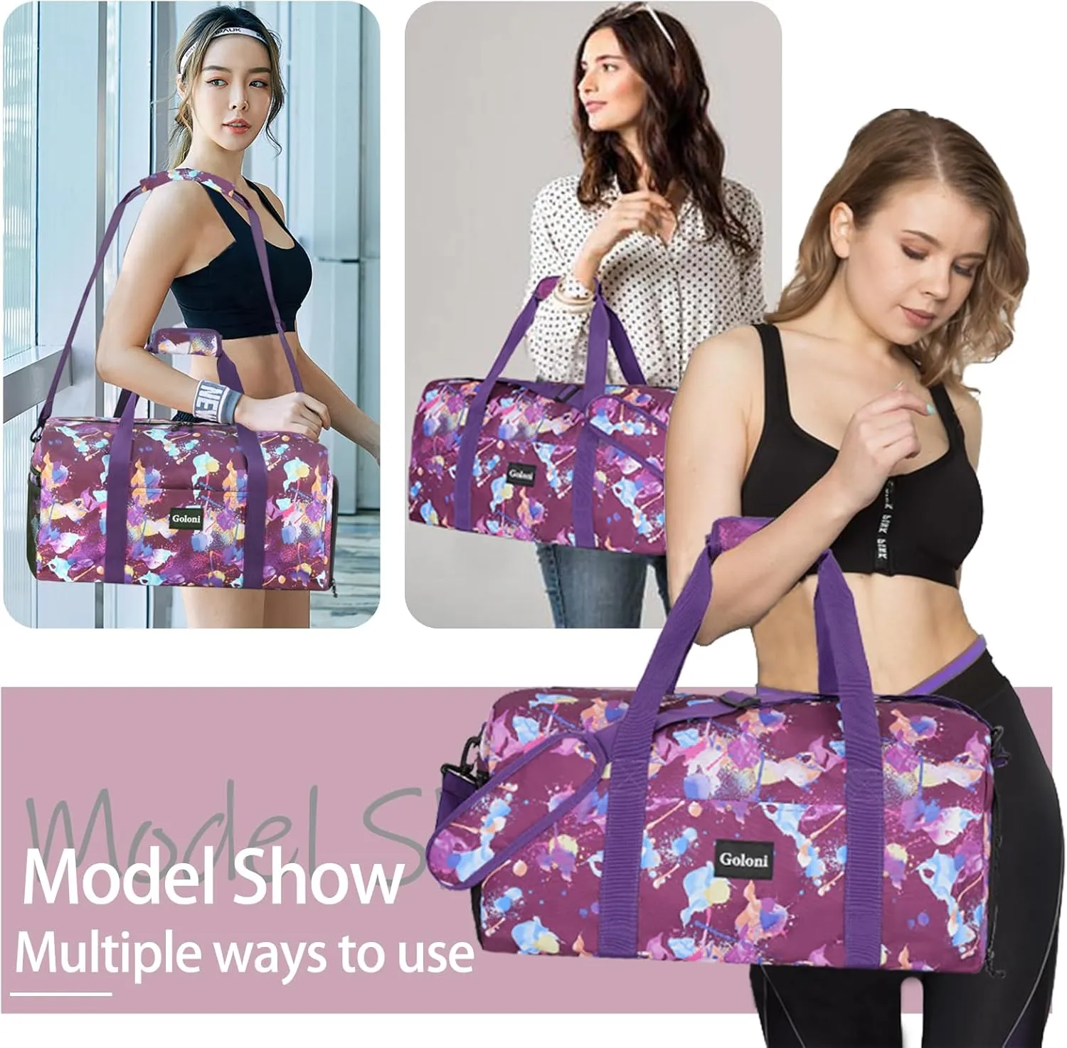 Goloni Travel Duffel Bag, Weekender Bag for Women with Shoes Compartment & Wet Pocket, Carry On Overnight Bag, Hospital Bags for Labor and Delivery, A-Purple Ice Cream