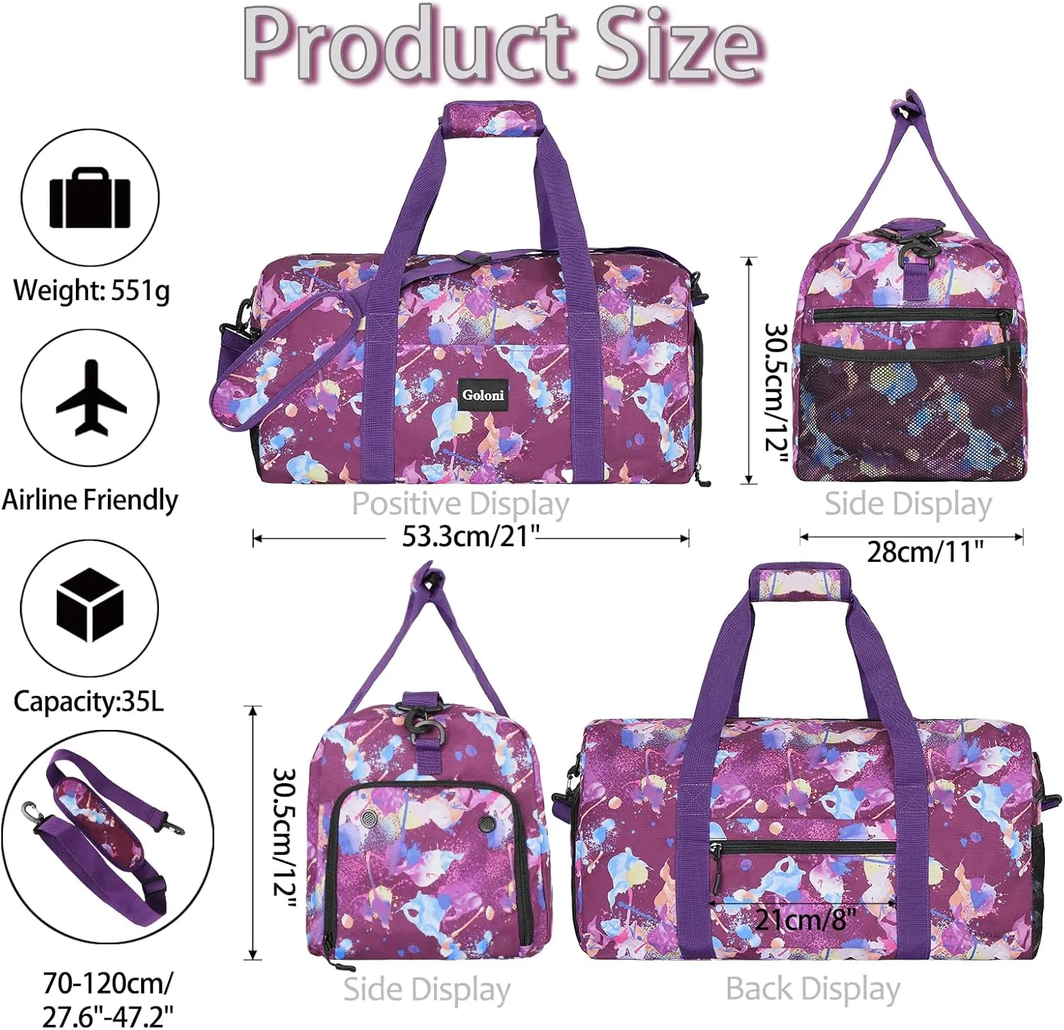 Goloni Travel Duffel Bag, Weekender Bag for Women with Shoes Compartment & Wet Pocket, Carry On Overnight Bag, Hospital Bags for Labor and Delivery, A-Purple Ice Cream