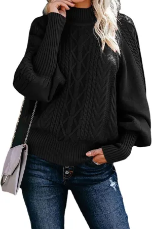 GORIFE Womens Cable Knit Sweater Chunky Turtleneck Pullover Solid Color Puff Sleeve Sweater Top