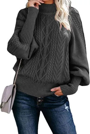 GORIFE Womens Cable Knit Sweater Chunky Turtleneck Pullover Solid Color Puff Sleeve Sweater Top
