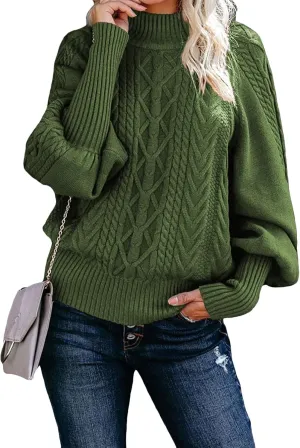 GORIFE Womens Cable Knit Sweater Chunky Turtleneck Pullover Solid Color Puff Sleeve Sweater Top