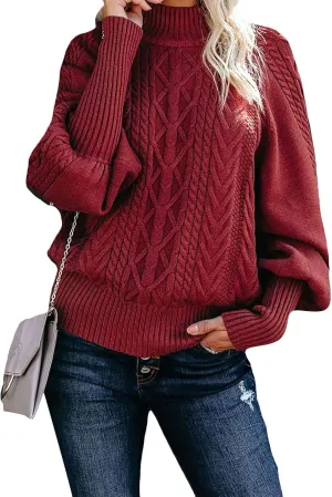 GORIFE Womens Cable Knit Sweater Chunky Turtleneck Pullover Solid Color Puff Sleeve Sweater Top
