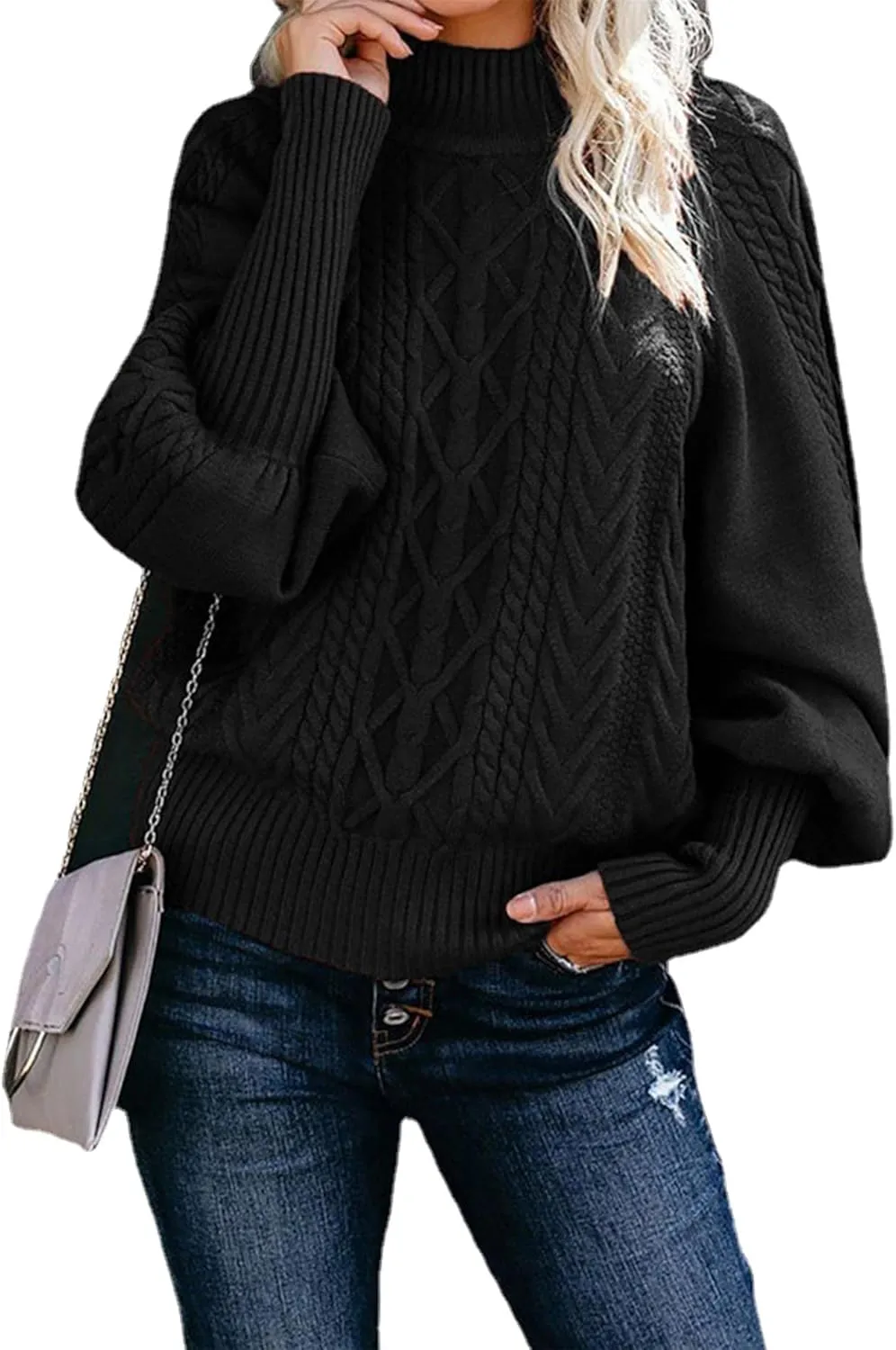 GORIFE Womens Cable Knit Sweater Chunky Turtleneck Pullover Solid Color Puff Sleeve Sweater Top