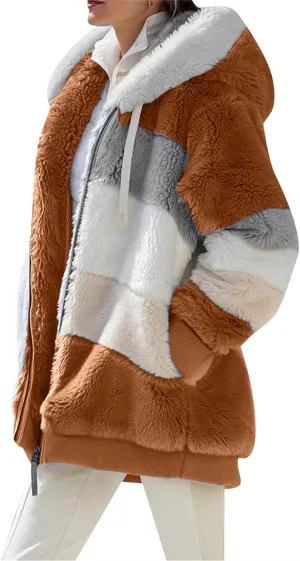 GORIFE Women's Fleece Soft Coats Zip Up Thick Hooded Jackets Color Block Outerwear With Pockets