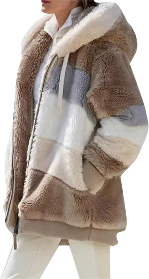 GORIFE Women's Fleece Soft Coats Zip Up Thick Hooded Jackets Color Block Outerwear With Pockets