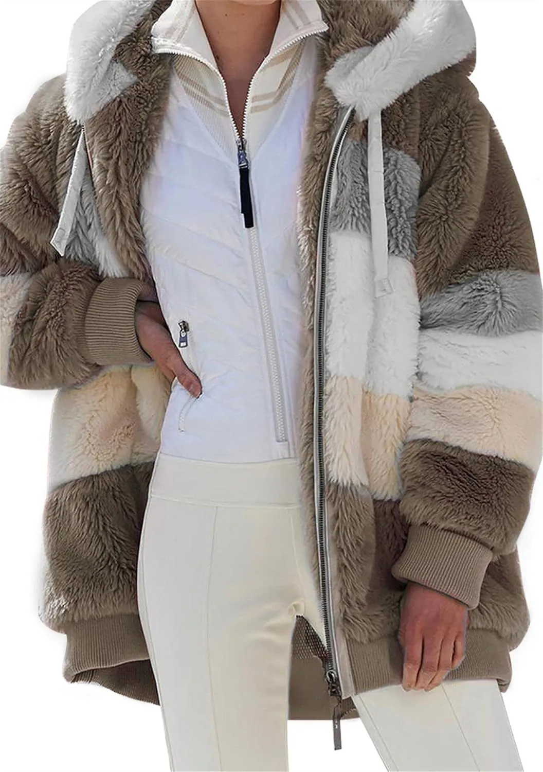 GORIFE Women's Fleece Soft Coats Zip Up Thick Hooded Jackets Color Block Outerwear With Pockets