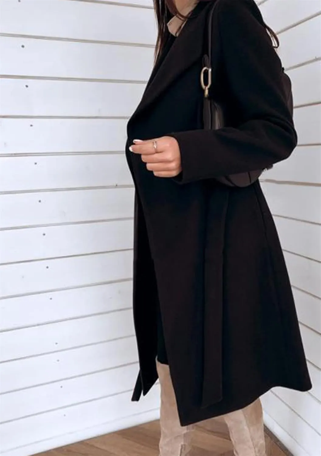 GORIFE Women's Winter Comfy Pea Coat Mid-Long Wrap Long Sleeve Overcoat Lapel Trench Coat with Belts