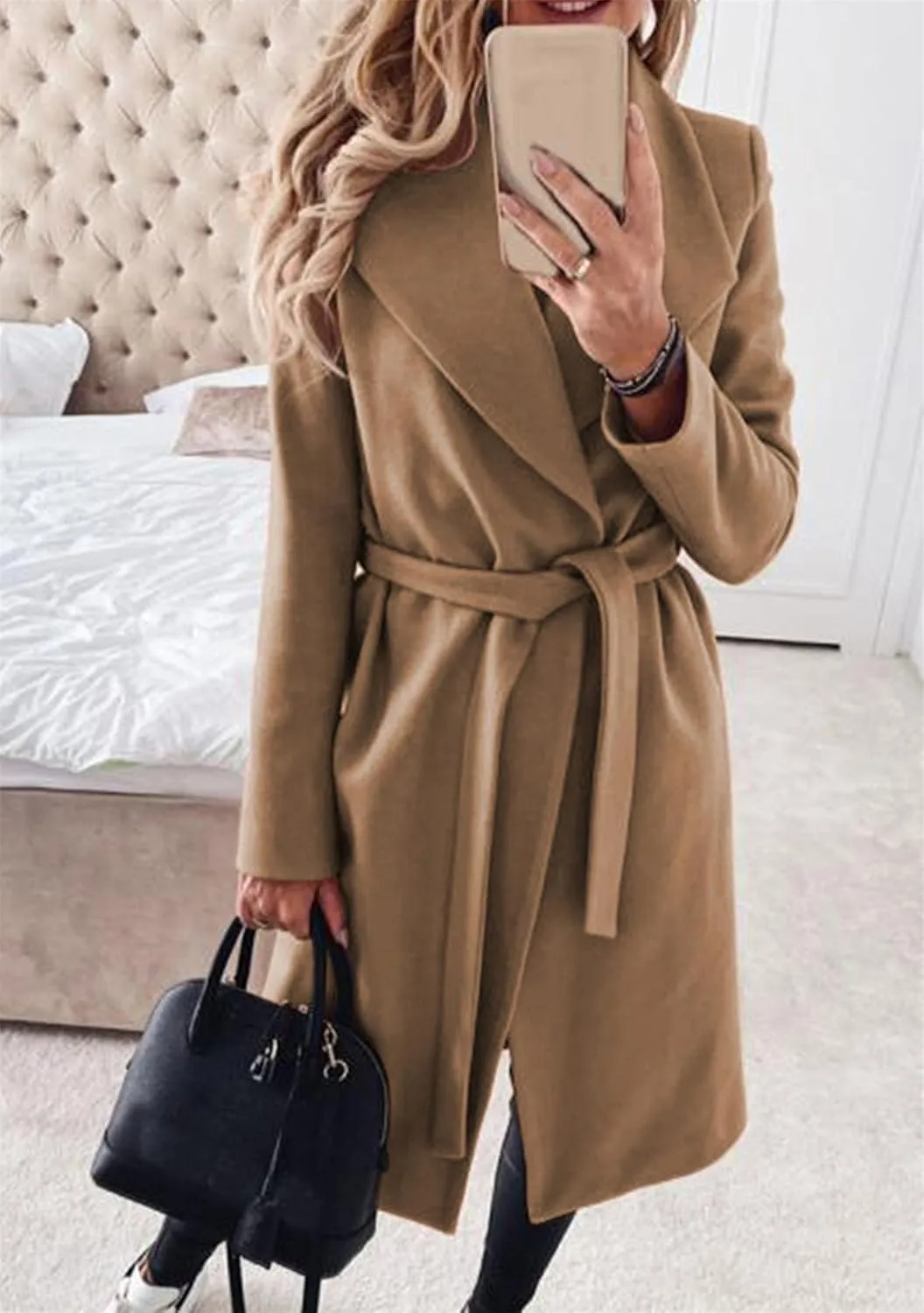 GORIFE Women's Winter Comfy Pea Coat Mid-Long Wrap Long Sleeve Overcoat Lapel Trench Coat with Belts