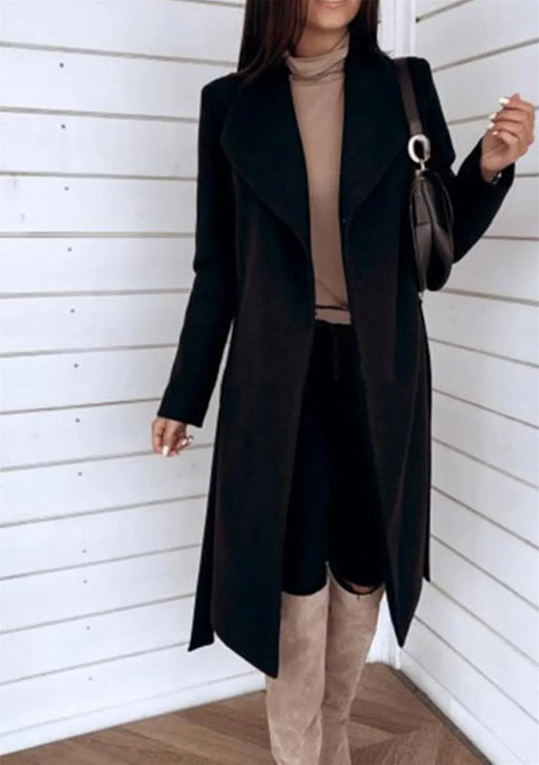 GORIFE Women's Winter Comfy Pea Coat Mid-Long Wrap Long Sleeve Overcoat Lapel Trench Coat with Belts