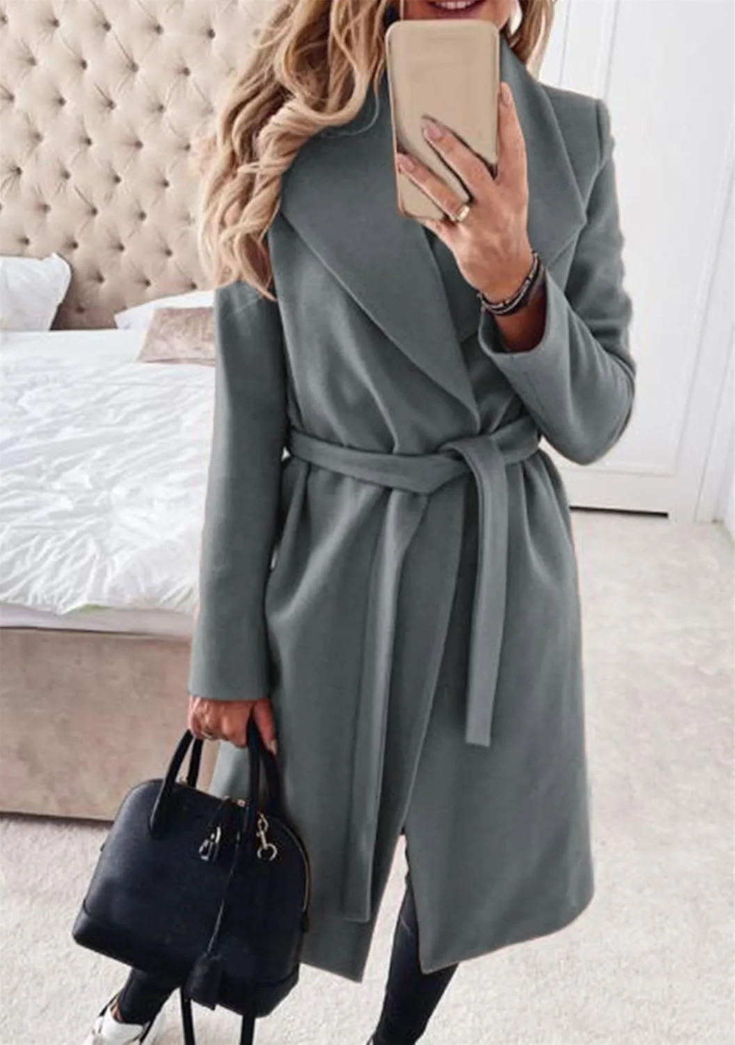 GORIFE Women's Winter Comfy Pea Coat Mid-Long Wrap Long Sleeve Overcoat Lapel Trench Coat with Belts