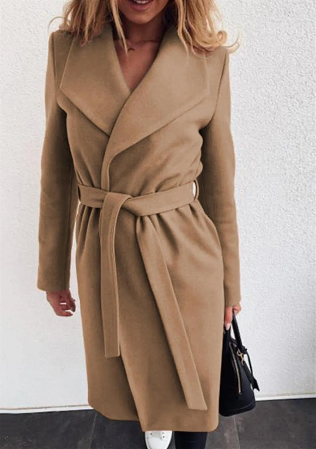 GORIFE Women's Winter Comfy Pea Coat Mid-Long Wrap Long Sleeve Overcoat Lapel Trench Coat with Belts
