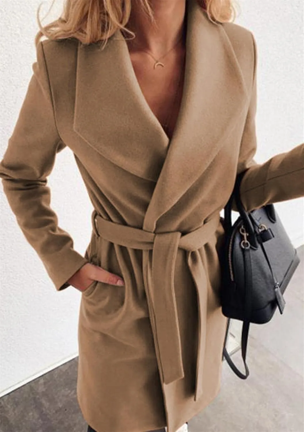 GORIFE Women's Winter Comfy Pea Coat Mid-Long Wrap Long Sleeve Overcoat Lapel Trench Coat with Belts