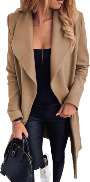 GORIFE Women's Winter Comfy Pea Coat Mid-Long Wrap Long Sleeve Overcoat Lapel Trench Coat with Belts
