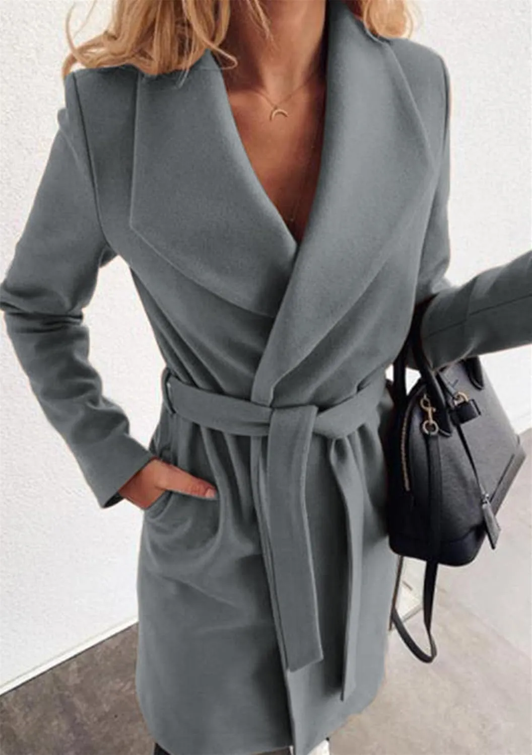GORIFE Women's Winter Comfy Pea Coat Mid-Long Wrap Long Sleeve Overcoat Lapel Trench Coat with Belts